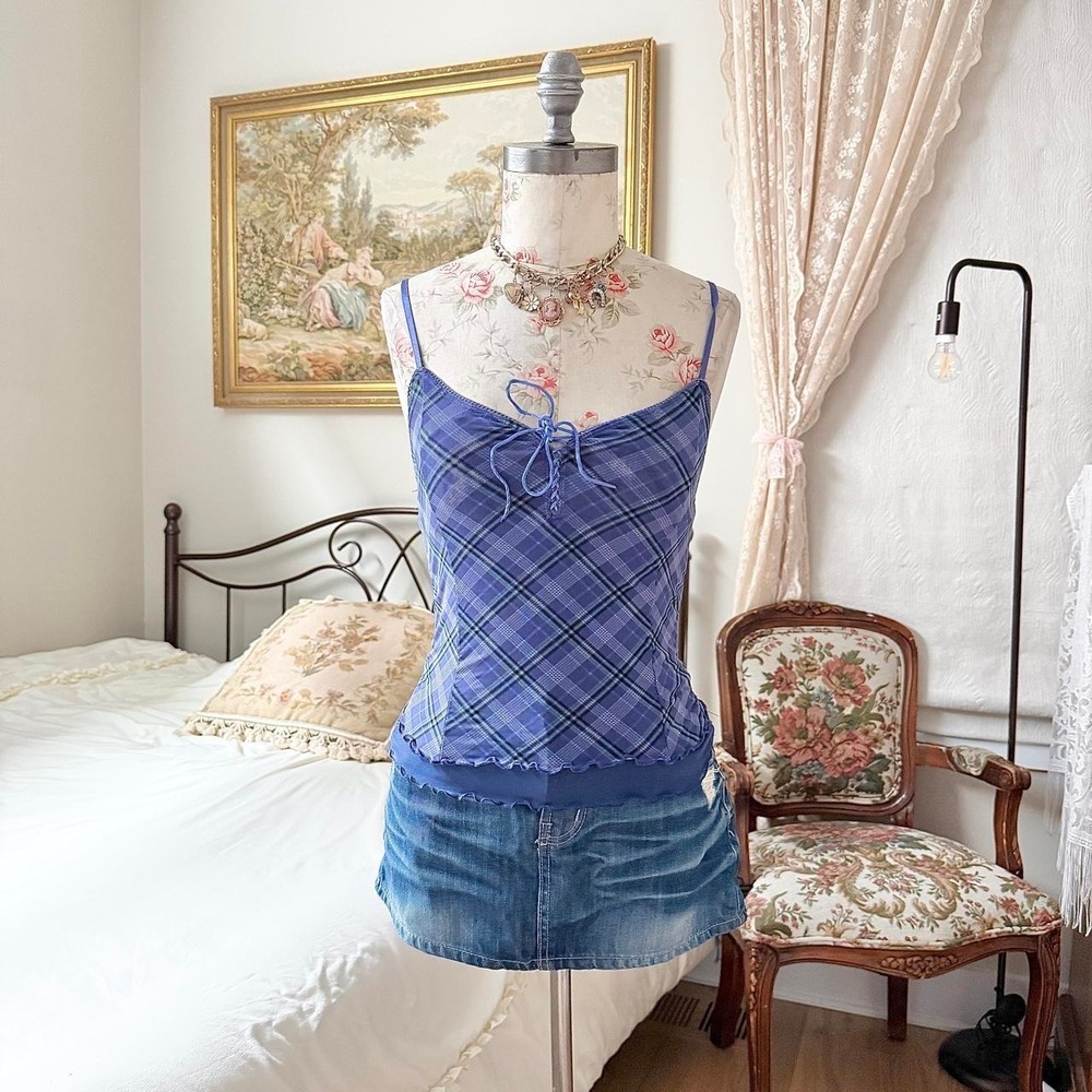 Forever 21 size small blue plaid lace up‎ cami going out top